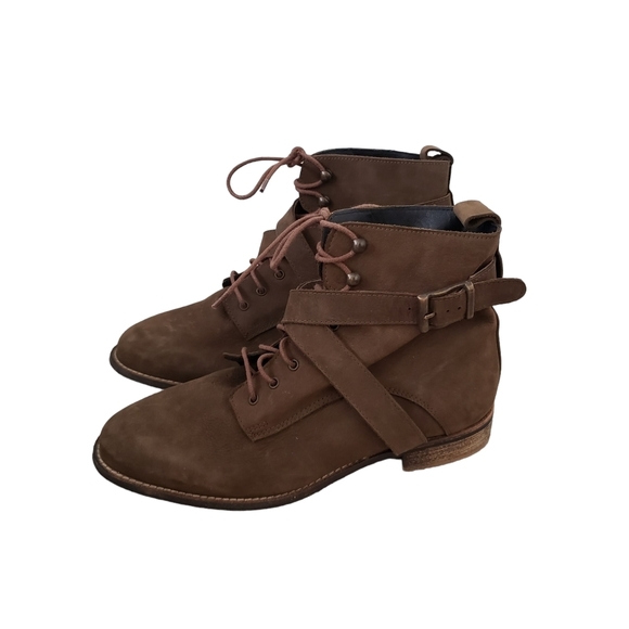 Renvy Spain Brown Nubuck Leather Lace Up & Straps Moto Boots - Picture 2 of 10